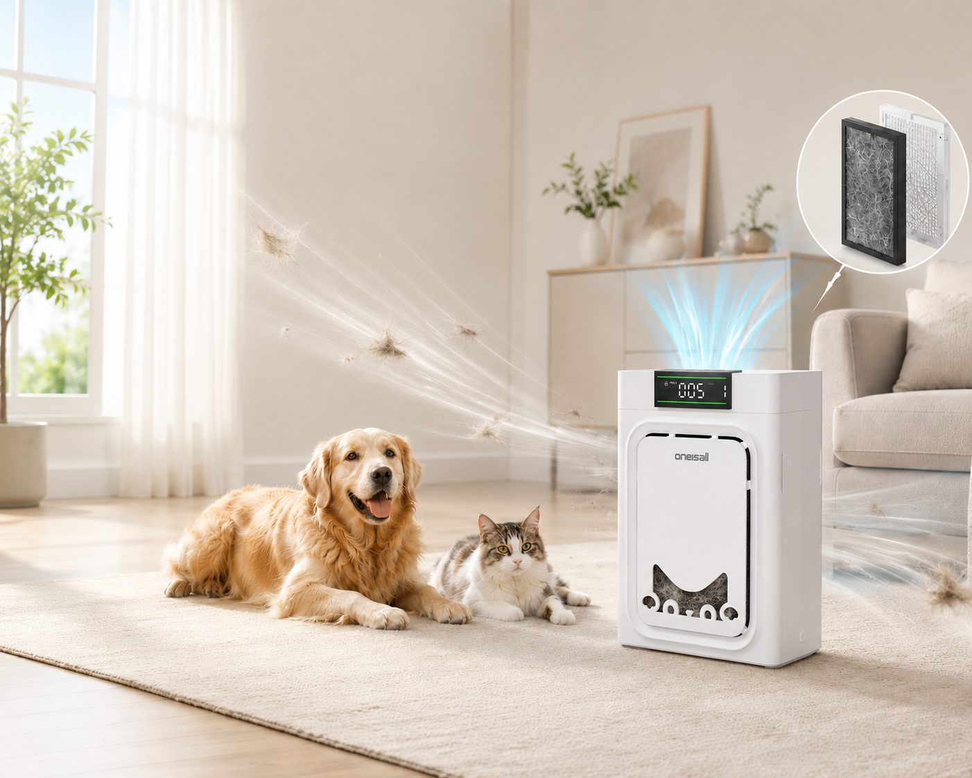 Oneisall pet air purifier in an American living room with a pet, beside a close-up of the pre-filter holding collected pet hair